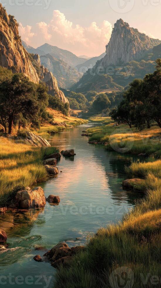 Serene mountain landscape with a flowing river under soft evening light during sunset photo