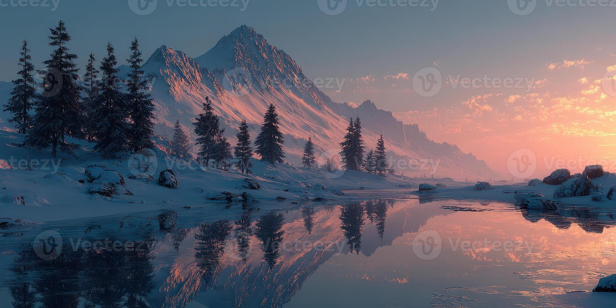 Majestic mountains reflect in calm waters at dawn, surrounded by snowy trees photo