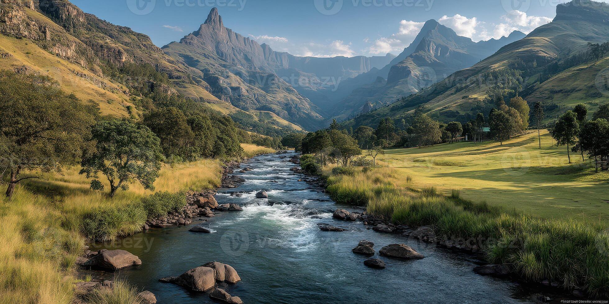Majestic mountain landscape with a flowing river under a clear blue sky in the afternoon light photo