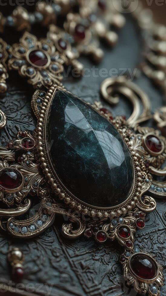 Intricate jewelry design featuring a large emerald and ornate detailing captured in soft light photo