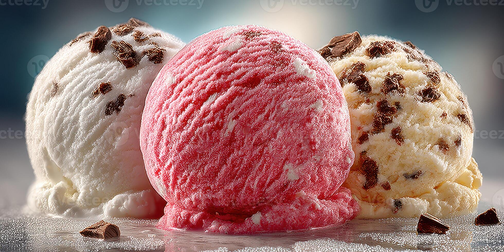 Colorful ice cream scoops on a textured surface with a blurred background during daylight hours, enticing and perfect for a summer treat photo