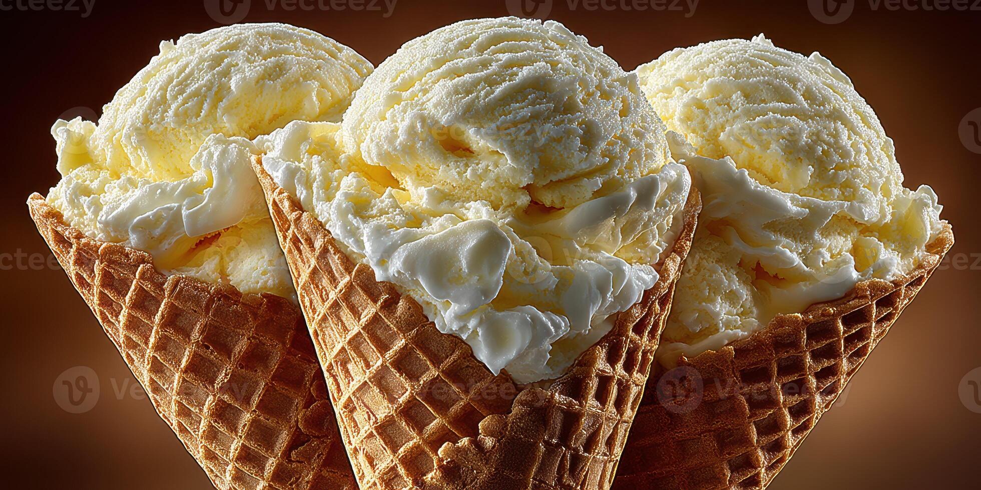 Three scoops of creamy vanilla ice cream topped with whipped cream in waffle cones against a dark background photo