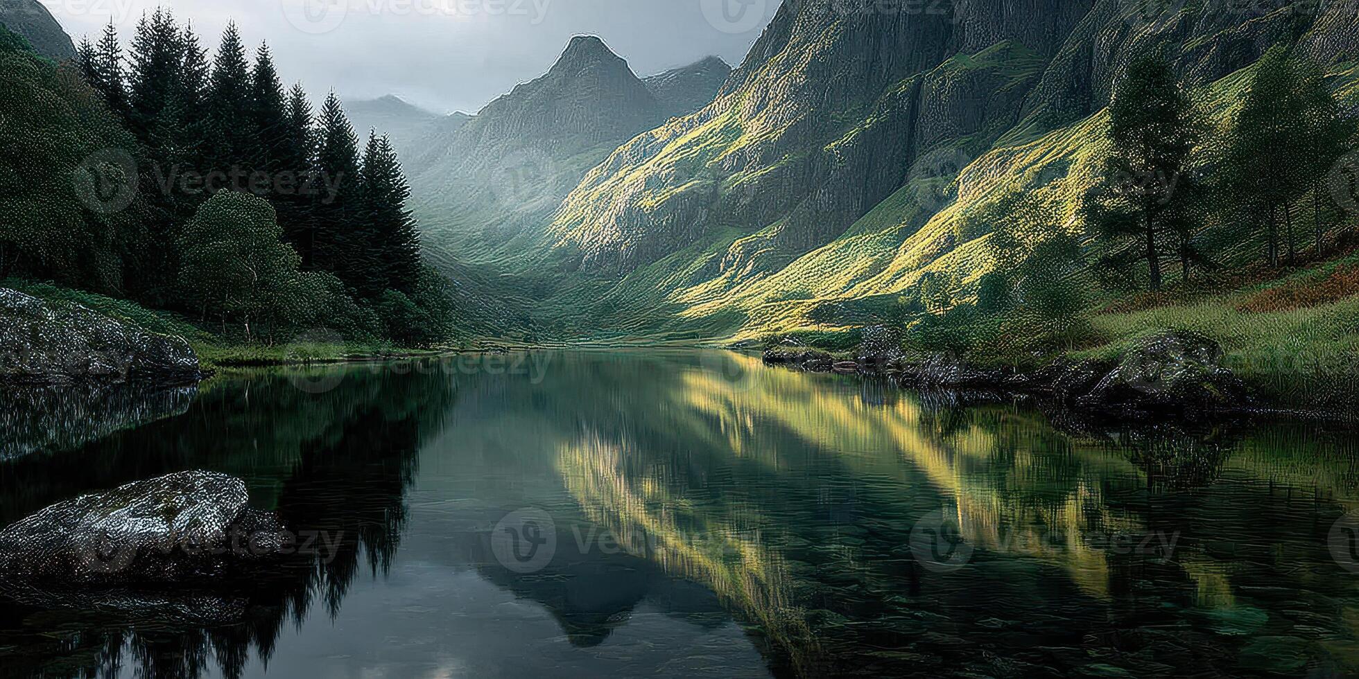 Mountain landscape reflecting in serene lake during overcast weather in the early morning photo