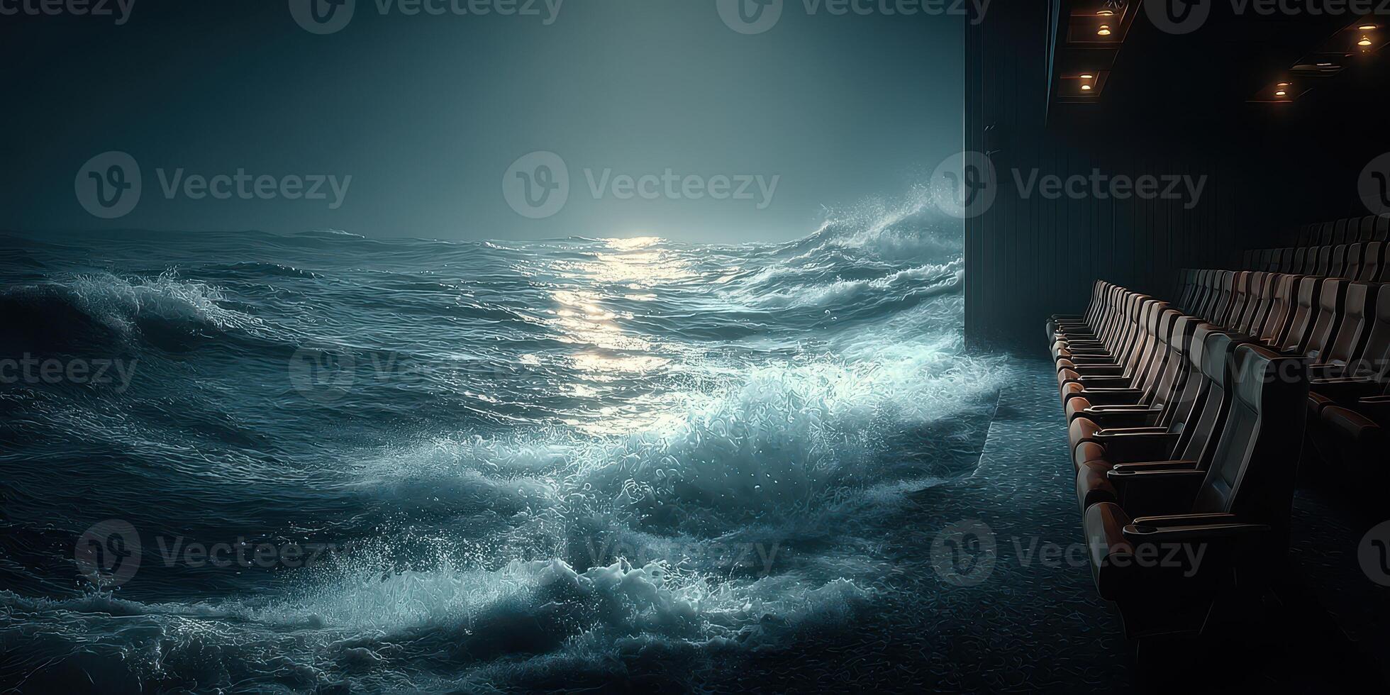 Ocean waves crash against the theater seats as the sun sets in the background creating a dramatic atmosphere at dusk photo