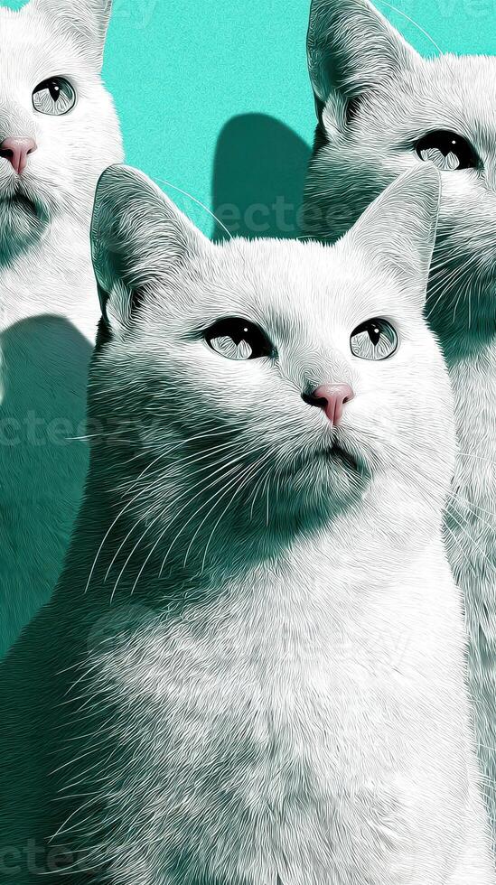 White cats pose vividly against a vibrant turquoise background showcasing their unique features and expressions photo