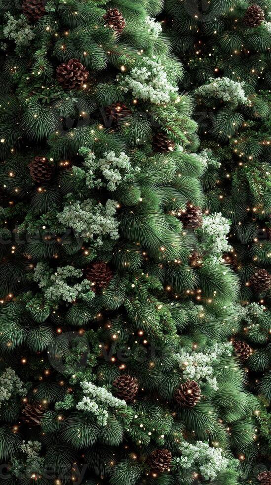 Festive greenery adorned with pinecones and lights for holiday decoration in a cozy indoor space photo