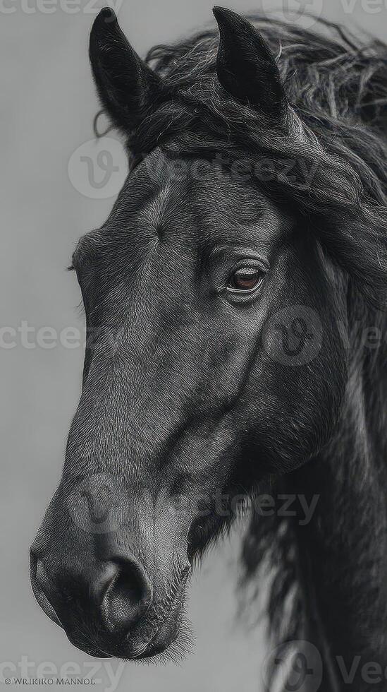Captivating close-up of a black horse showcasing its elegant features and expressive gaze in a serene outdoor setting photo