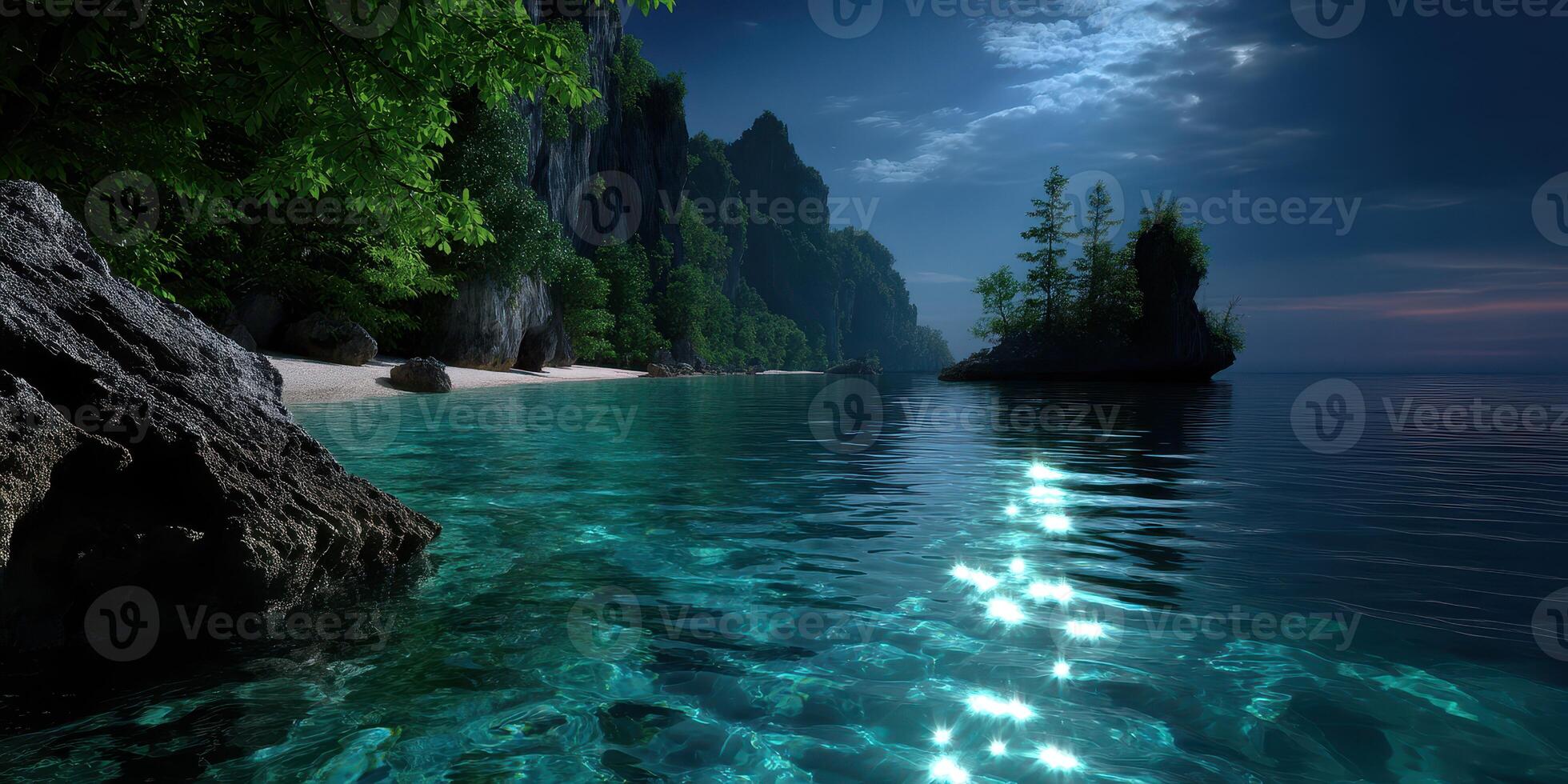 Tranquil night view of a secluded beach with crystal clear waters and lush greenery under a starry sky photo