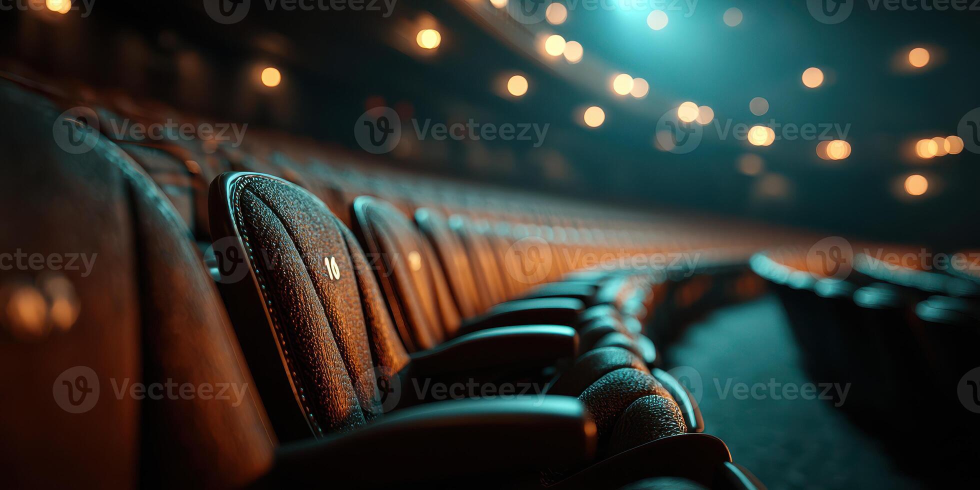 Empty theater seats create a quiet atmosphere for an upcoming performance in the evening photo