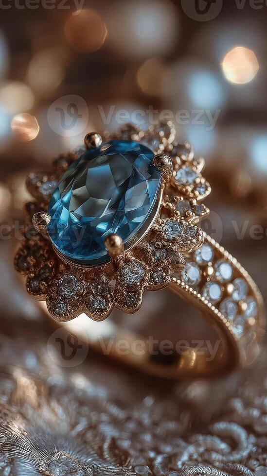 Elegant blue gemstone ring adorned with sparkling diamonds on intricate fabric background photo