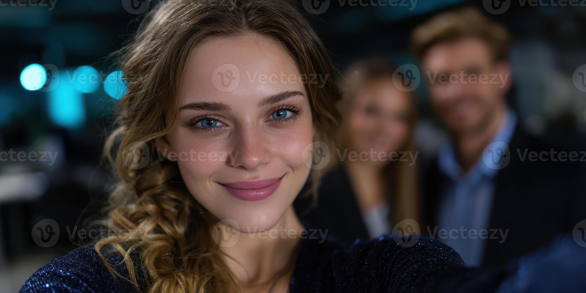 Young woman smiling for a selfie with friends at a casual gathering in an urban setting during the evening photo