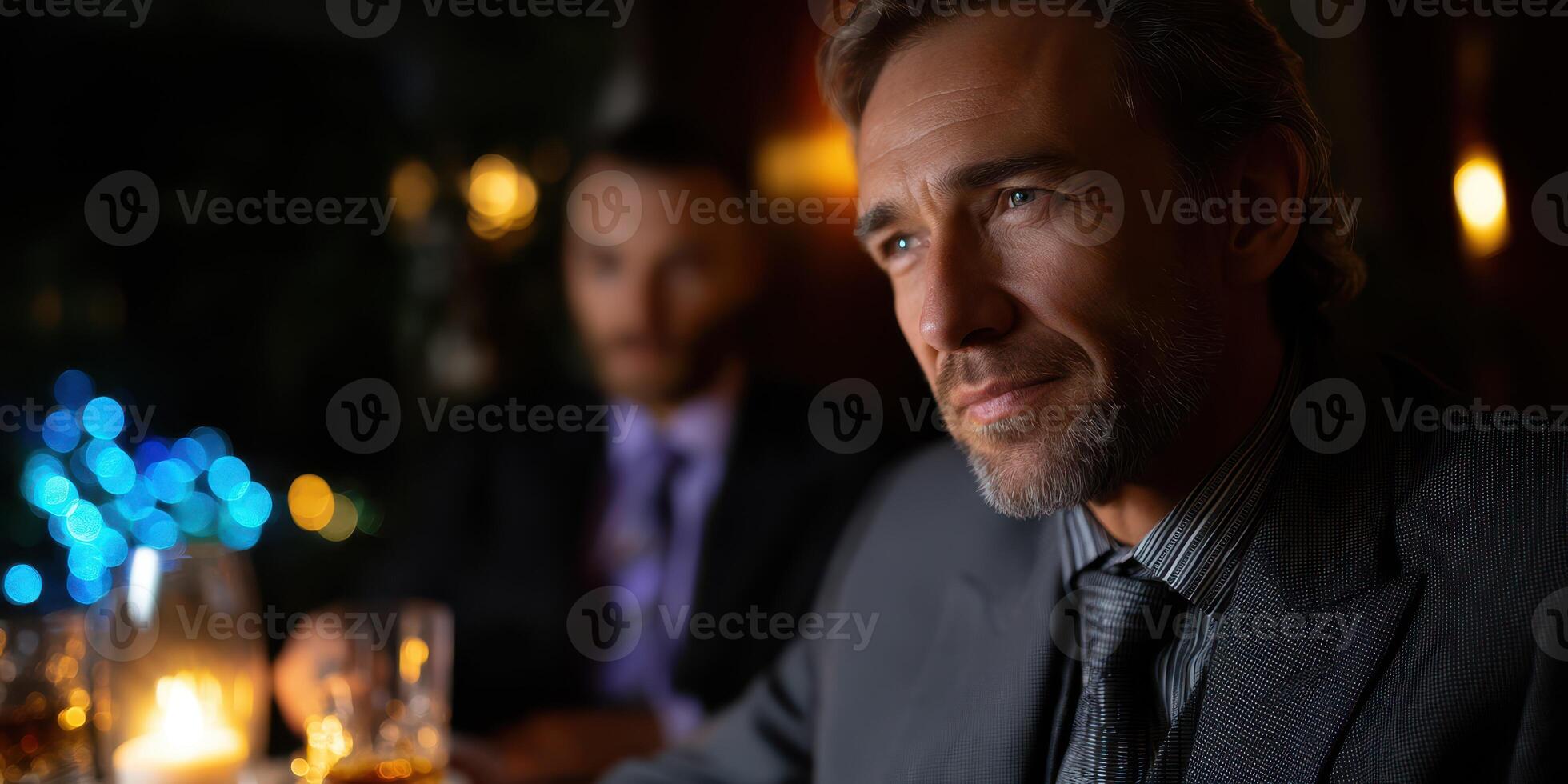 Man in formal suit appears contemplative at evening gathering with softly lit background photo