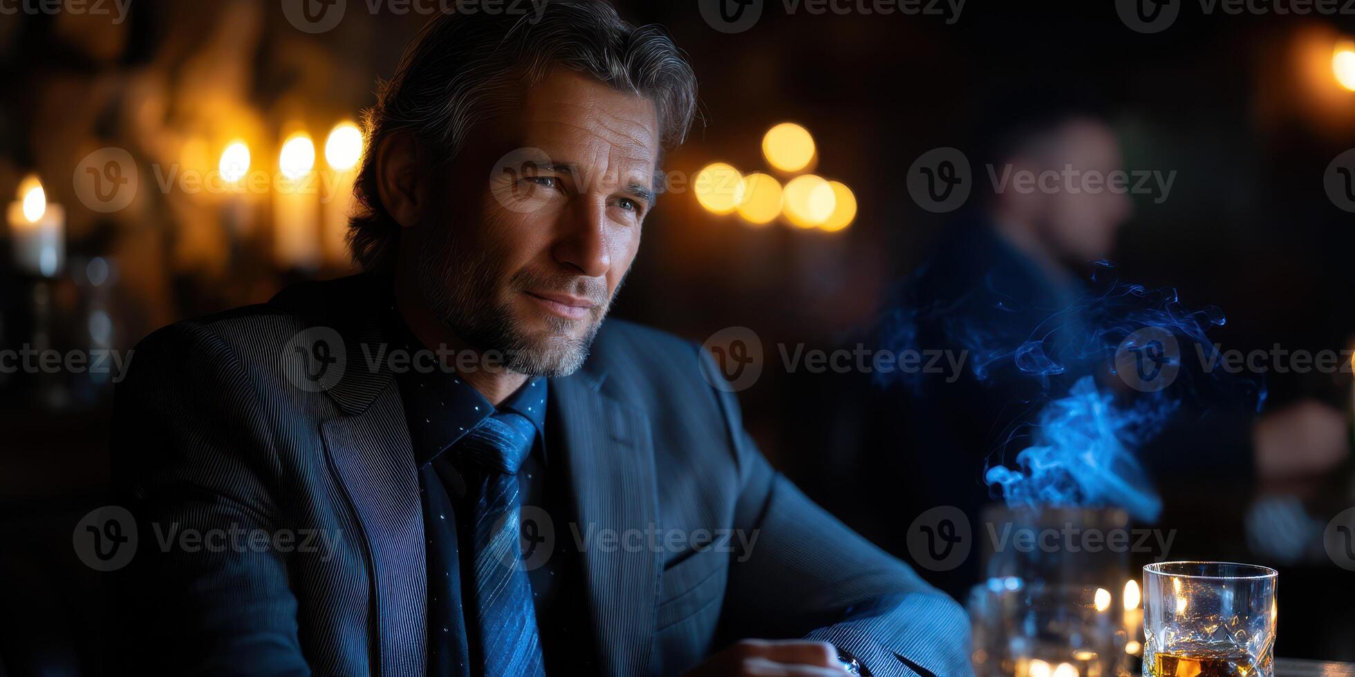 Man in a suit enjoying whiskey in a dimly lit bar with candles and smoke around him photo