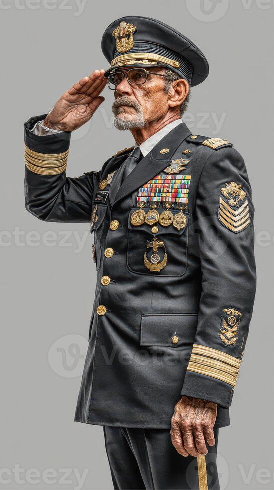Veteran honors service with a salute during a formal military recognition ceremony at a community center photo