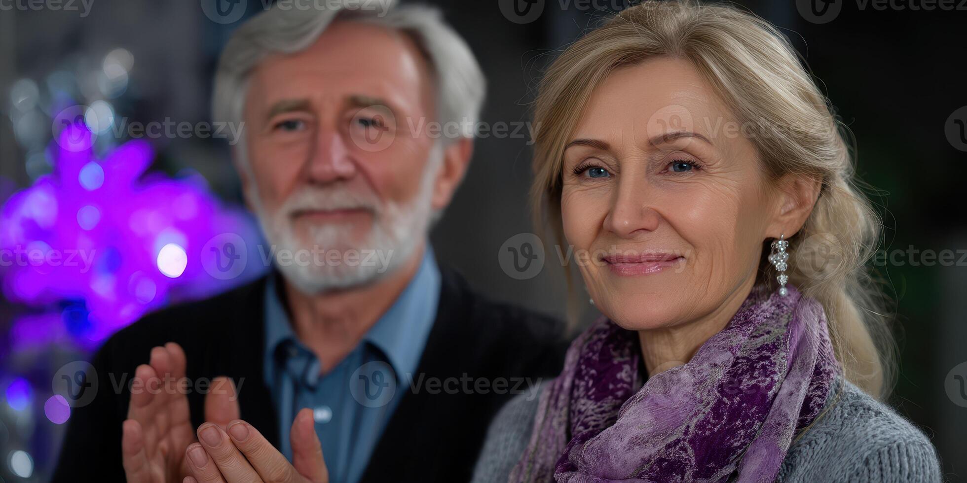 Couple celebrating a special occasion with joy and appreciation at an evening event in a beautifully decorated venue photo