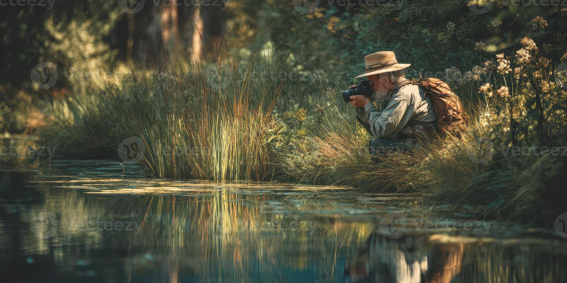 Close-up of an elderly photographer capturing nature's beauty near a tranquil pond in early morning light photo