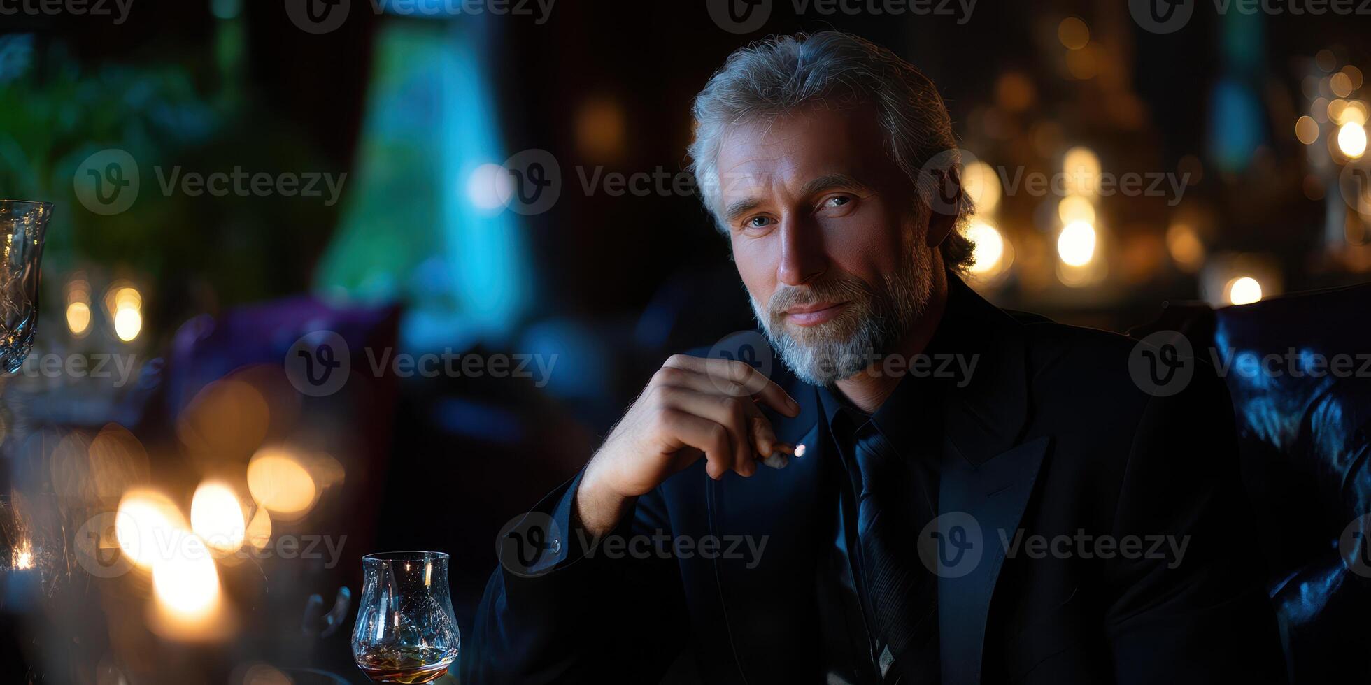 Man in a suit with a gray beard sitting in a dimly lit room surrounded by candles in the evening photo
