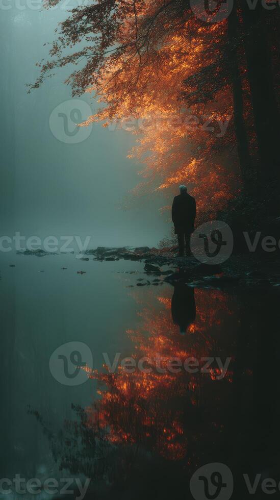 Solitary figure by the misty water reflecting vibrant autumn foliage in a serene forest setting photo