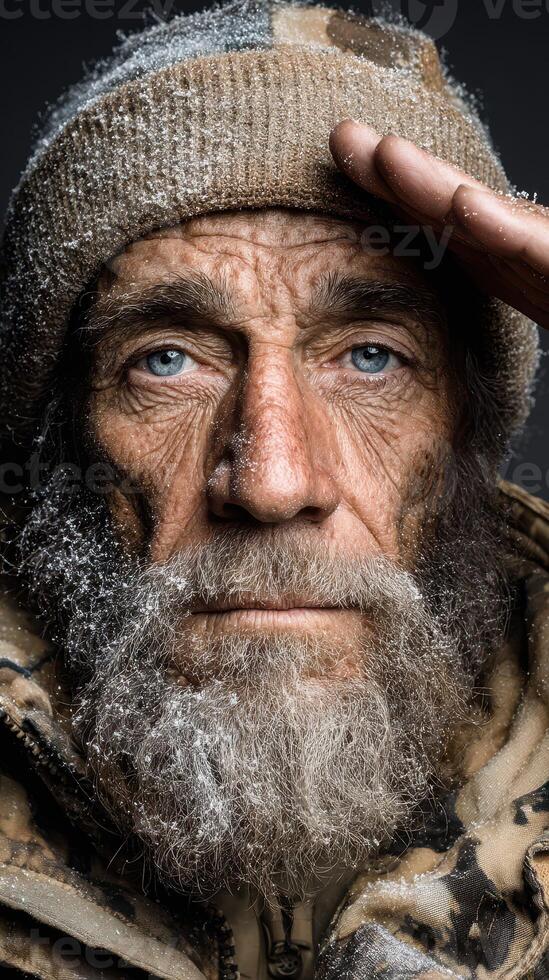 Close-up of a weathered man with a frosted beard and intense gaze in a wintry landscape photo