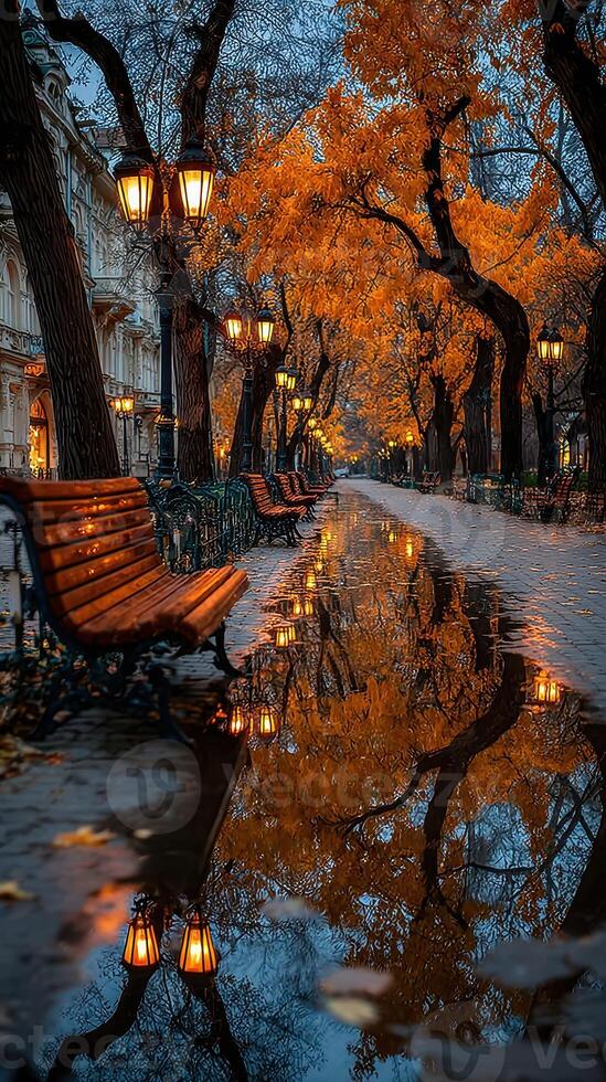 Autumn evening walk along a tranquil park path lined with orange leaves and glowing street lamps photo