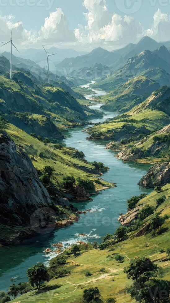 Breathtaking landscape showcasing river, hills, and wind turbines during a sunny day photo