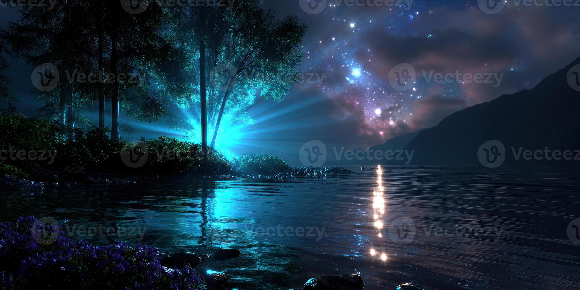 Nighttime landscape with glowing water and starry sky reflecting under moonlight in a serene nature setting photo
