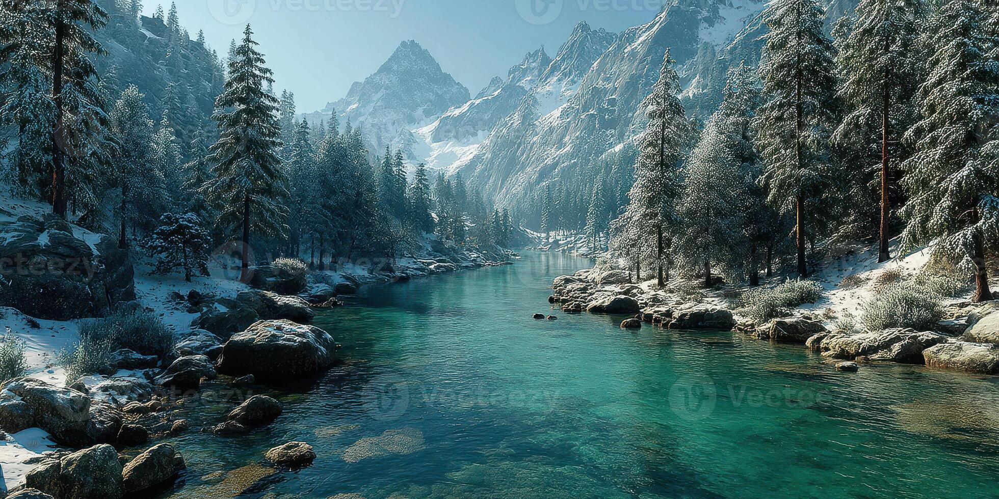 Winter landscape with snow-covered mountains, a frozen river, and evergreen trees under clear blue skies photo
