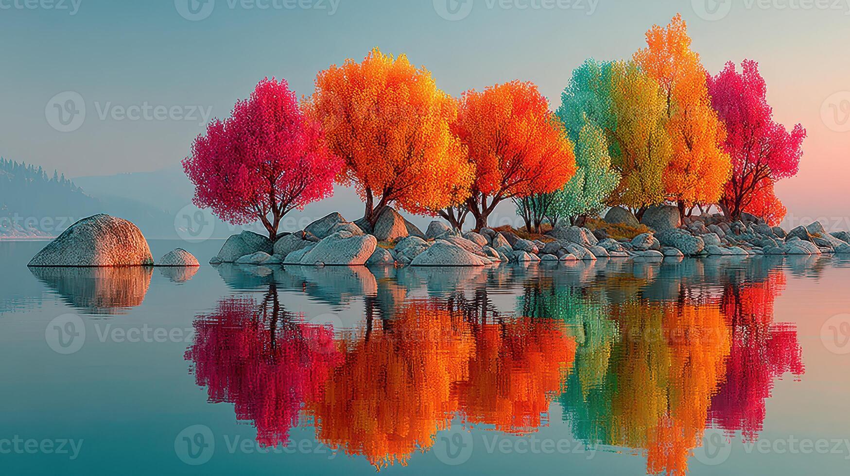 Colorful autumn trees reflecting in calm water at a tranquil lakeside location during sunset photo