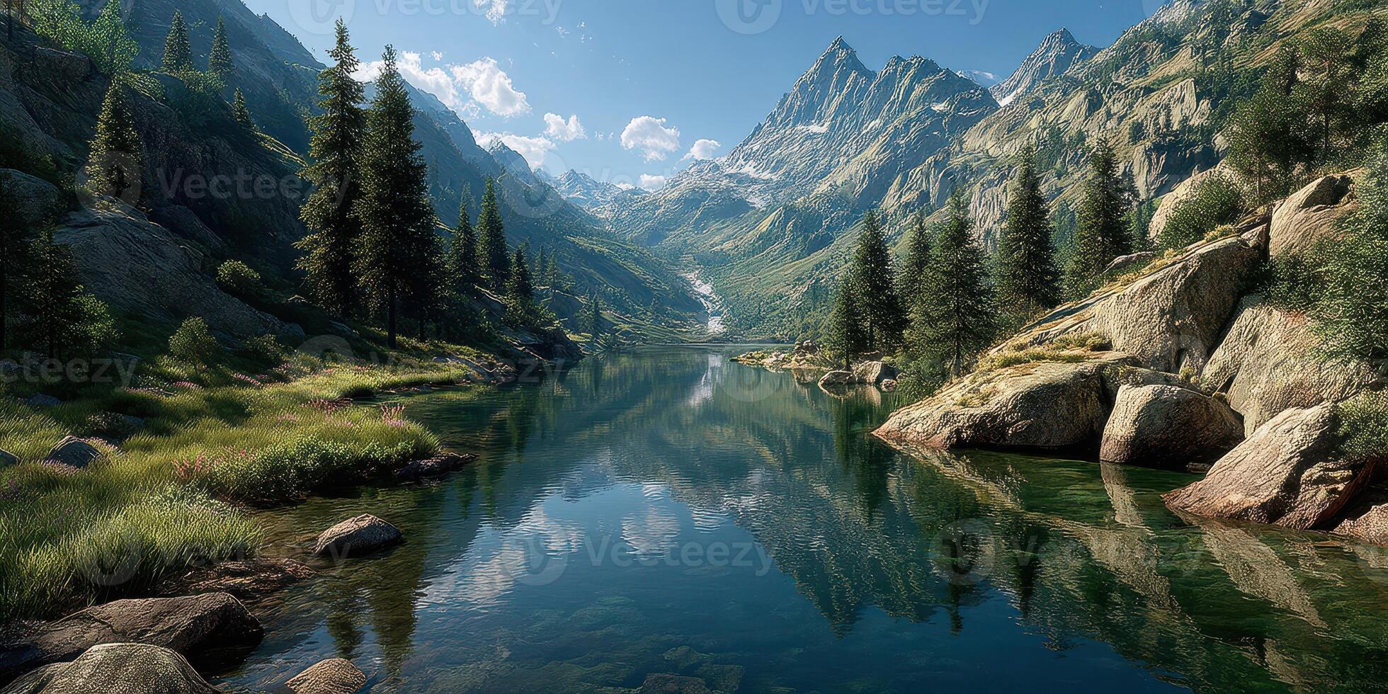Scenic mountain landscape with tranquil lake reflecting towering peaks and lush greenery in bright daylight photo