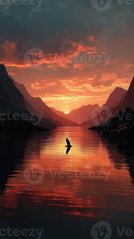Serene sunset over the mountain lake with a bird soaring above the water's surface photo