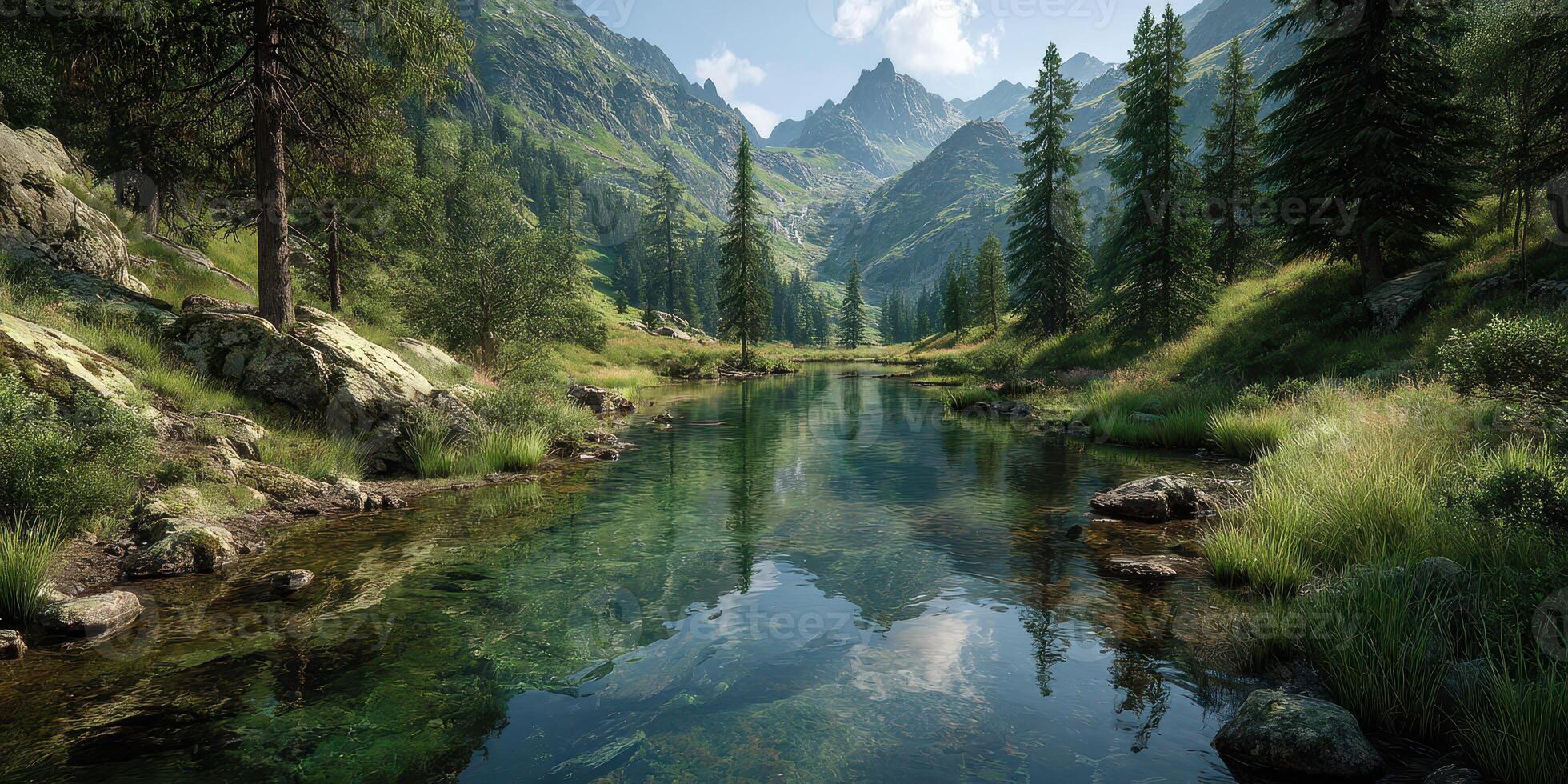 Serene mountain landscape with a clear river reflecting the sky and surrounded by lush greenery and towering peaks photo