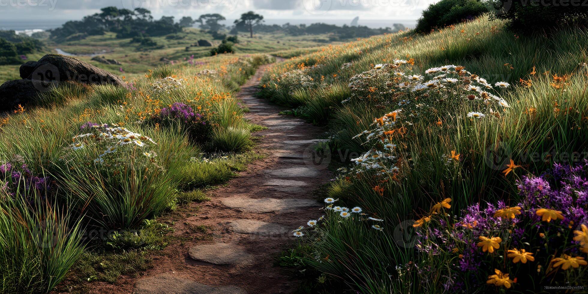 Beautiful pathway surrounded by vibrant wildflowers in a serene landscape during a sunny afternoon photo