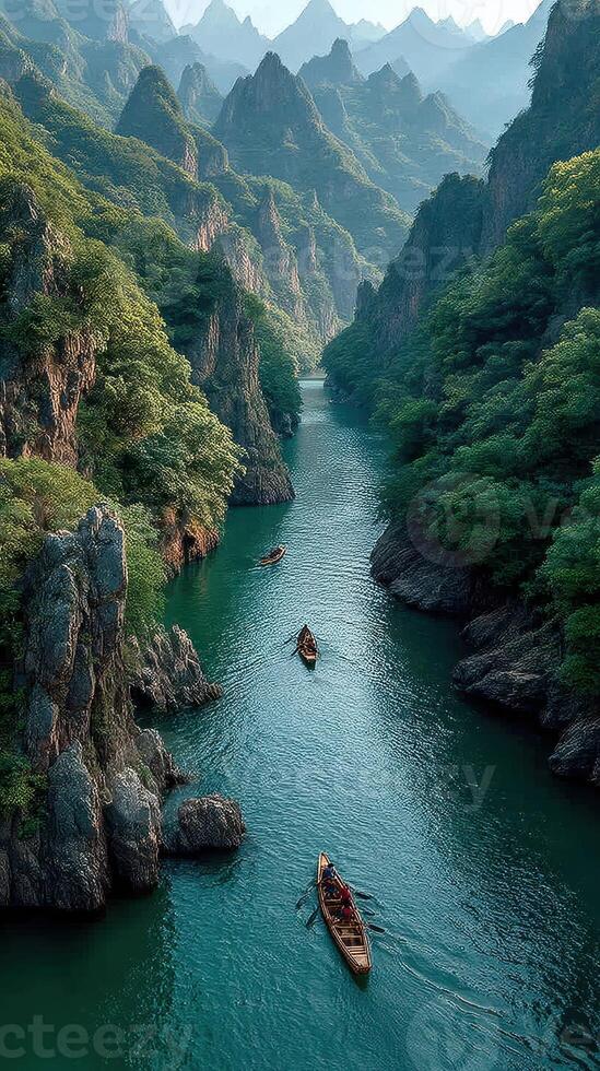 Boats navigate through a tranquil river surrounded by lush mountains in a serene landscape during the early morning light photo