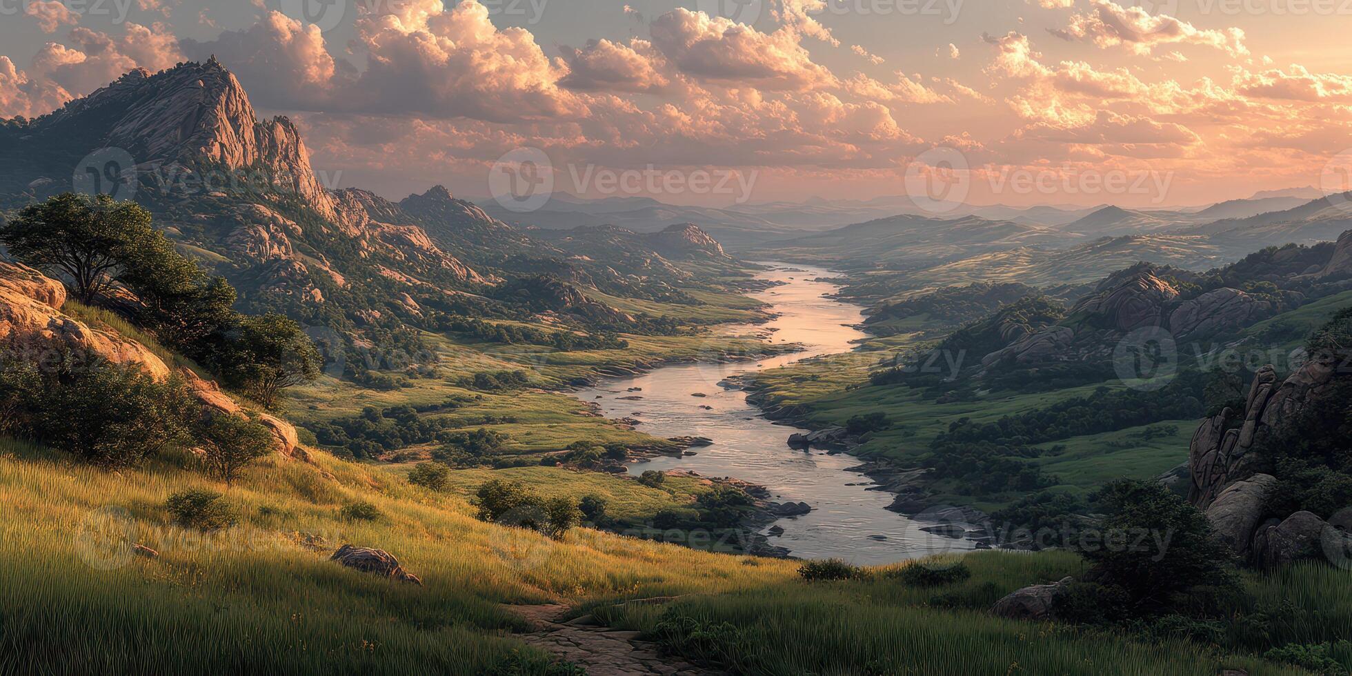 Expansive river flowing through rugged mountains at sunset, with vibrant clouds and lush green valley photo