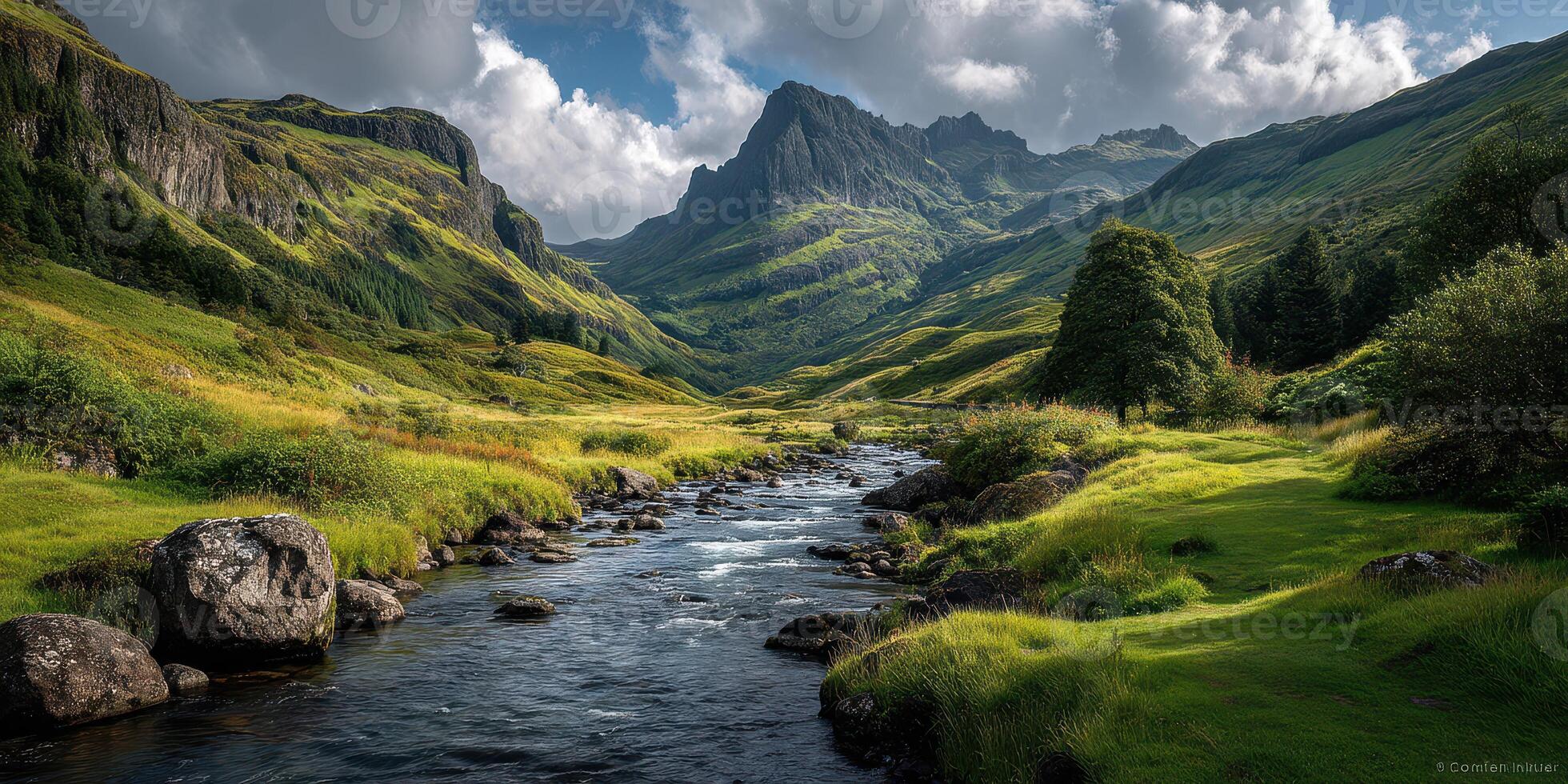 Breathtaking view of a serene river flowing through a lush valley surrounded by stunning mountains in a tranquil landscape photo