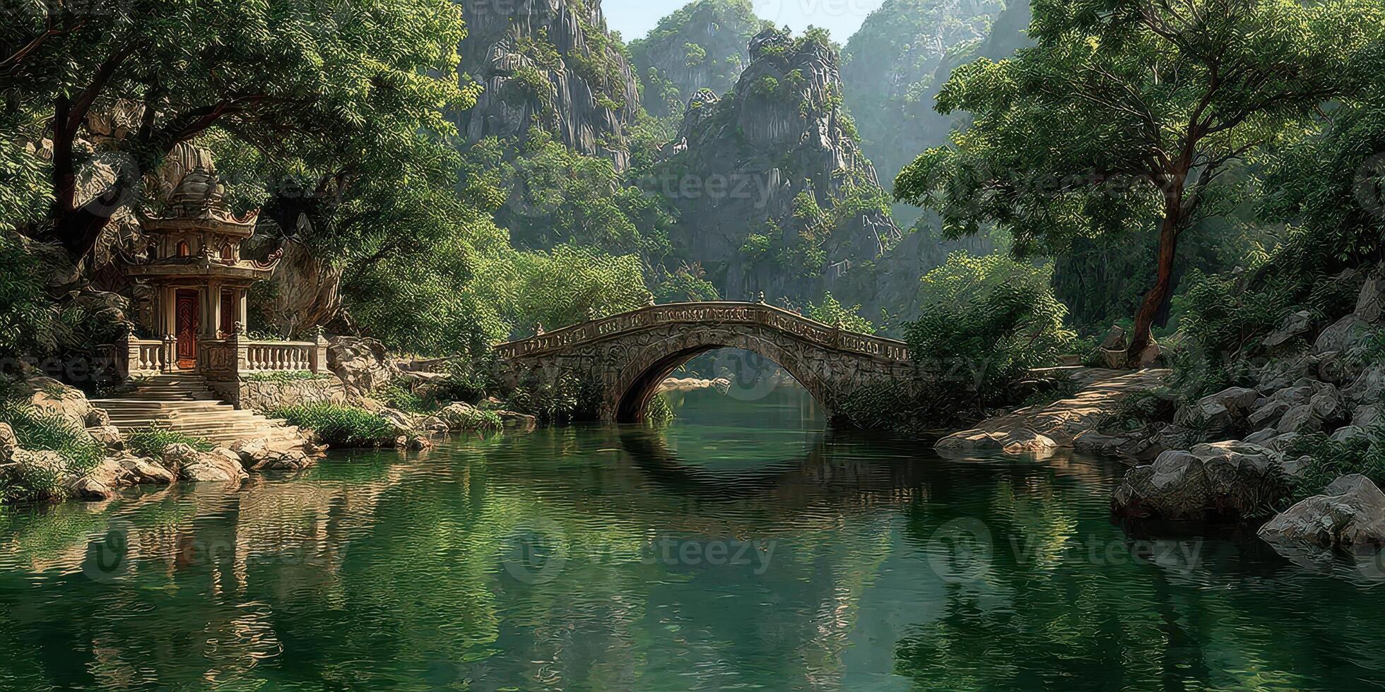Serene landscape with a traditional bridge and lush greenery near a tranquil river at midday photo