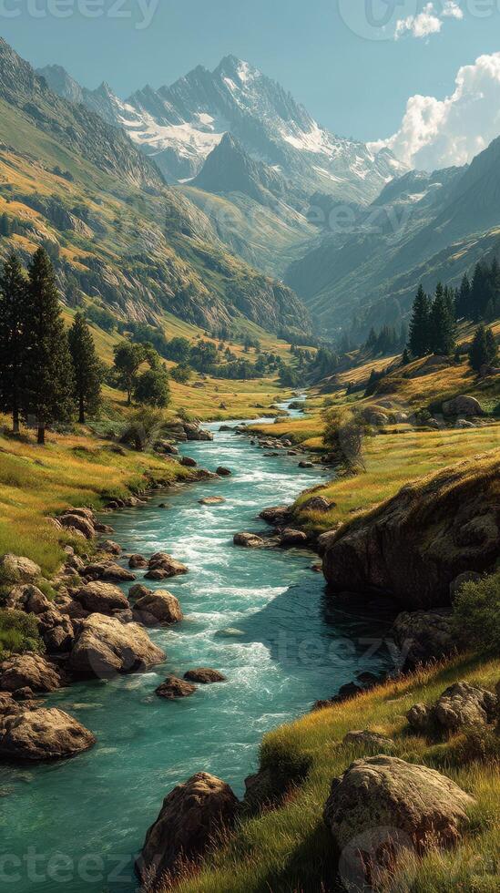 Mountain valley with a flowing river and rocky landscape under a clear blue sky during the day photo