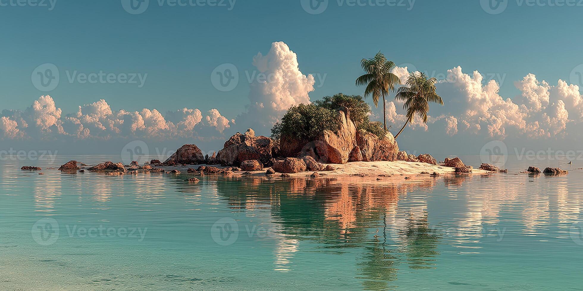 Serene tropical island with palm trees and calm waters under a bright sky reflecting clouds photo