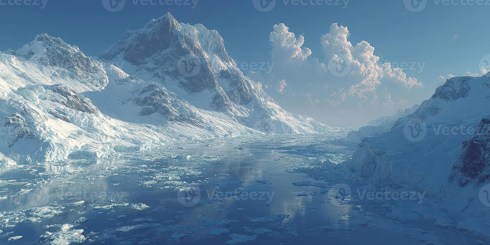 Snow-covered mountains reflect in a calm glacial lake under a clear blue sky filled with fluffy clouds during midday photo