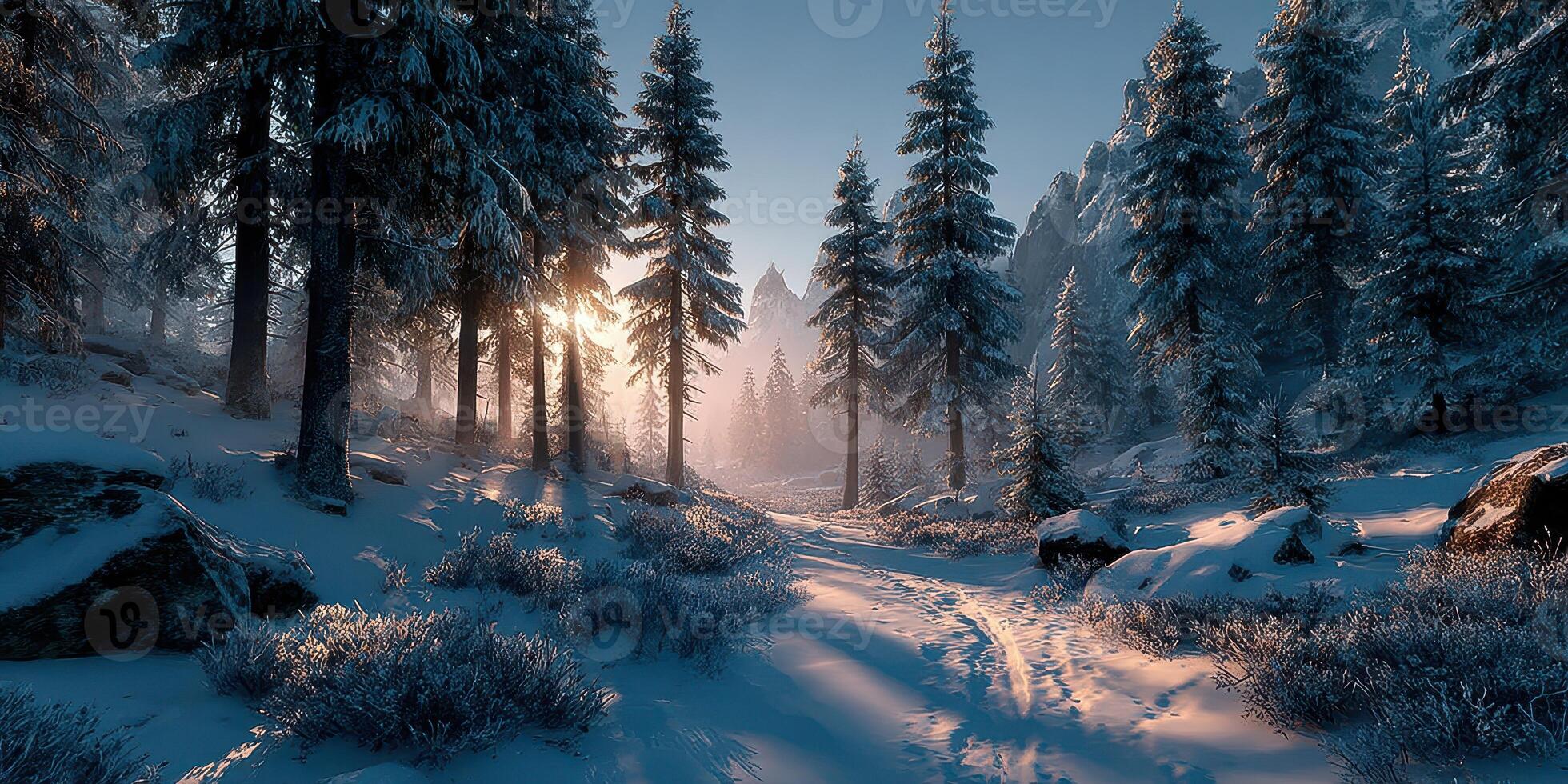 Snow-covered landscape at sunrise with towering trees and rocky formations in a tranquil winter scene photo