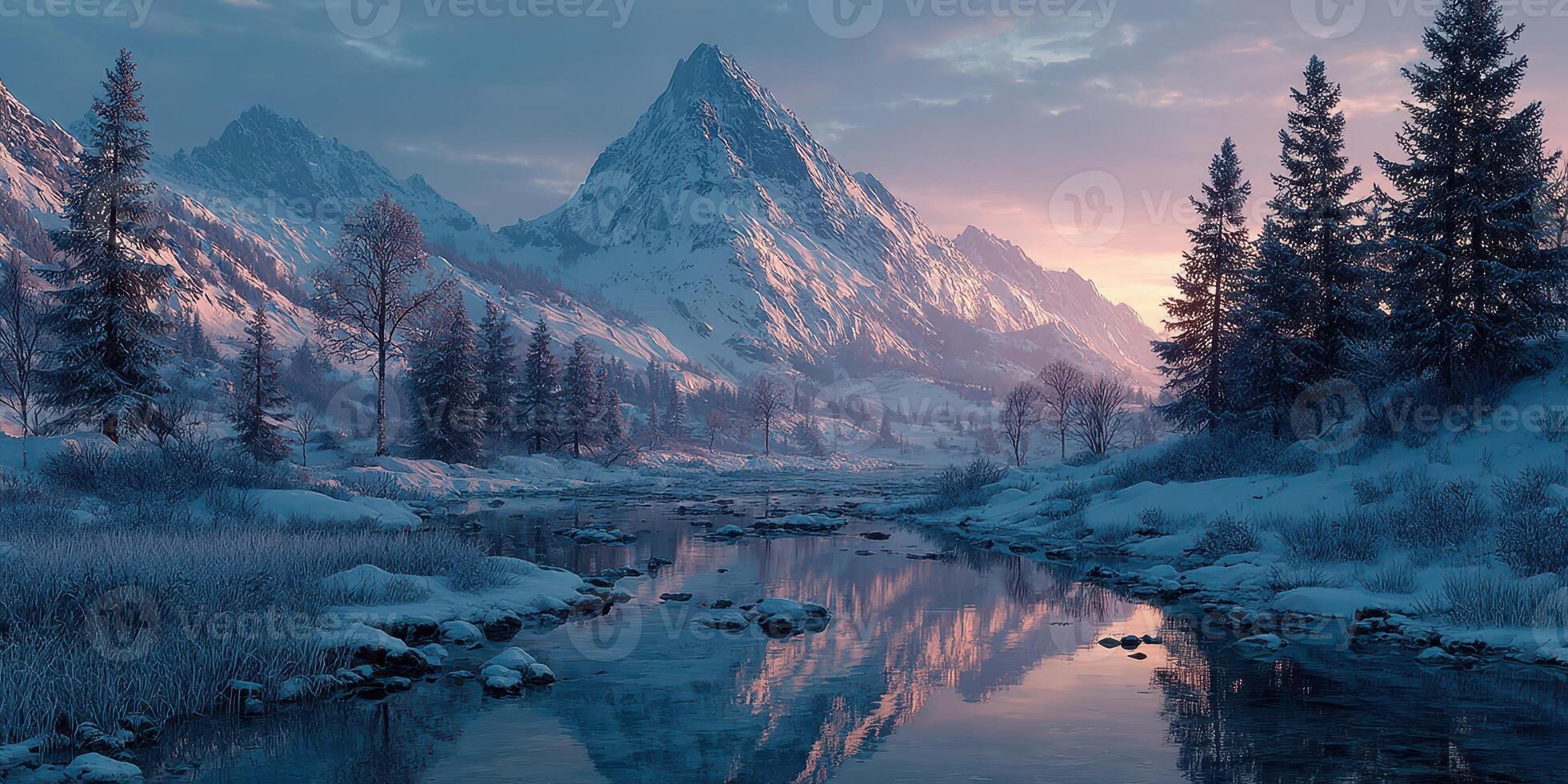 Majestic snow-covered mountains reflect in a serene river during twilight hours in a tranquil winter landscape photo