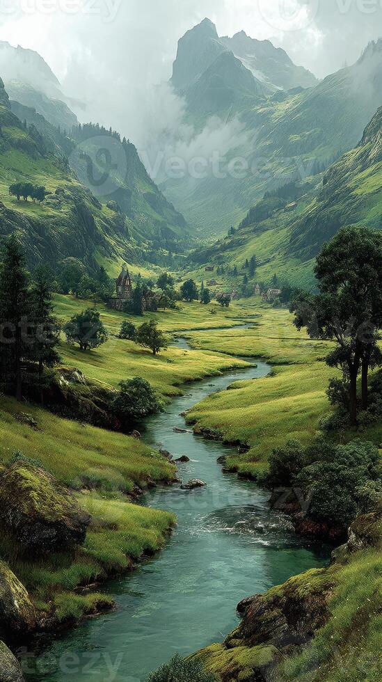 Lush green valley with meandering river and mountainous backdrop under a cloudy sky photo