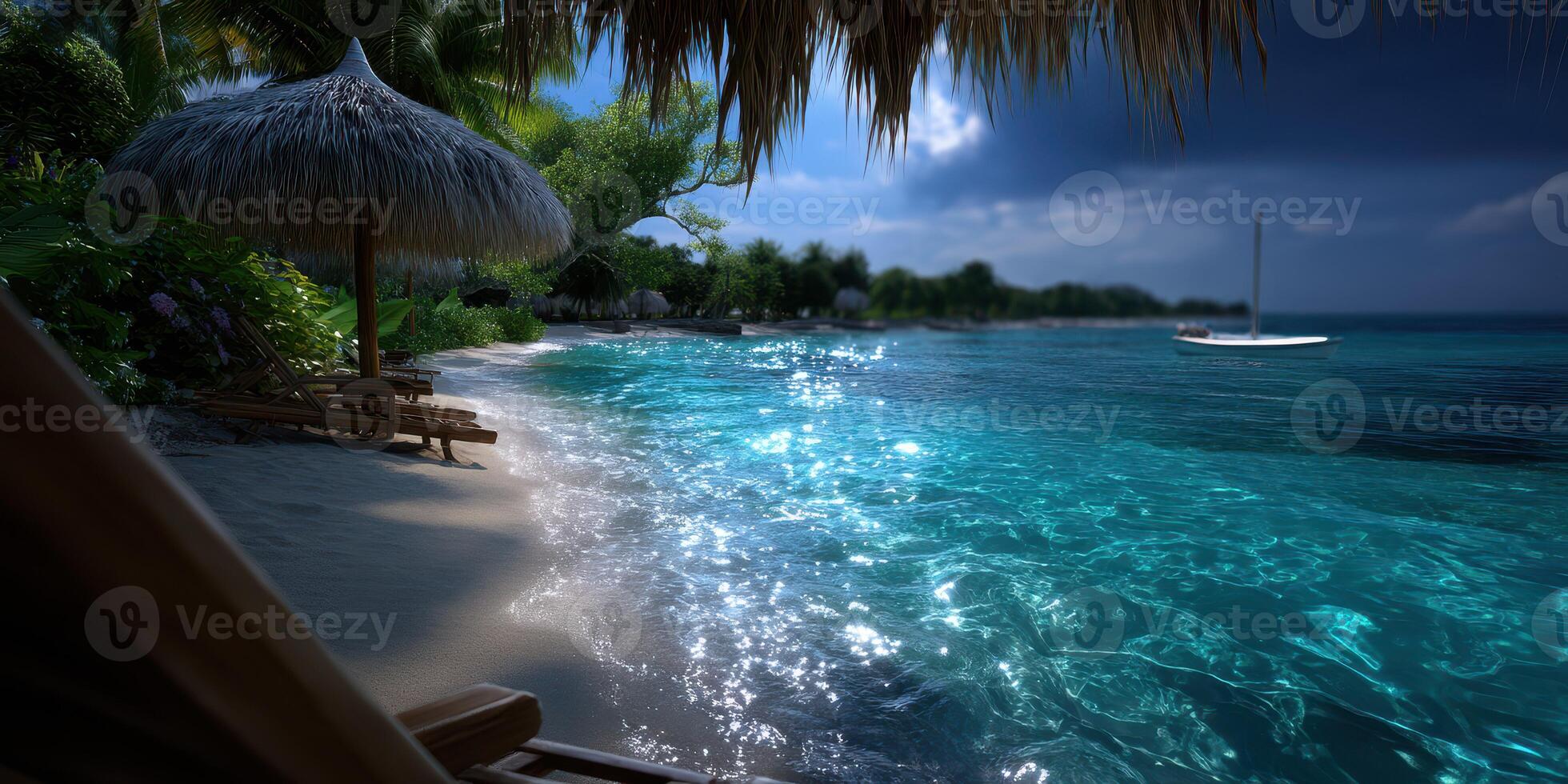 Relaxing beach with clear turquoise water and a sailboat at dusk photo