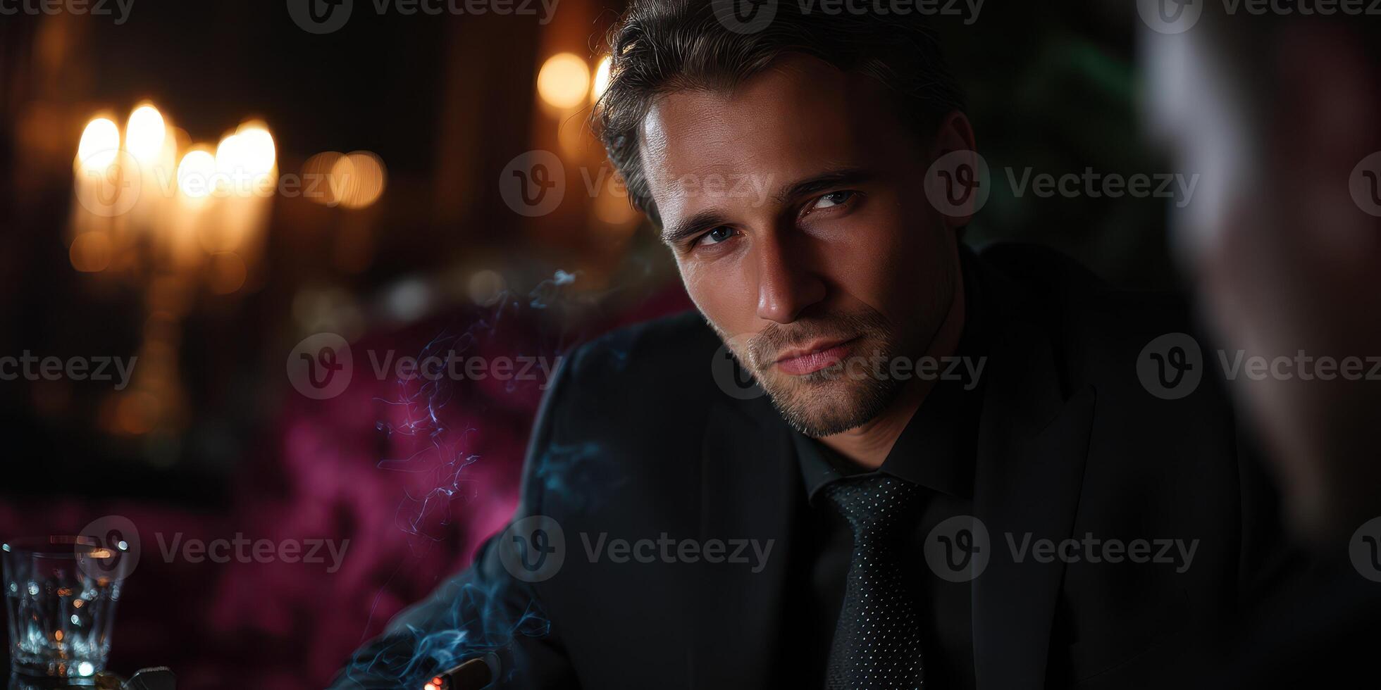 Elegant man in black suit engaged in deep conversation with a mysterious aura in a candlelit lounge during the evening photo