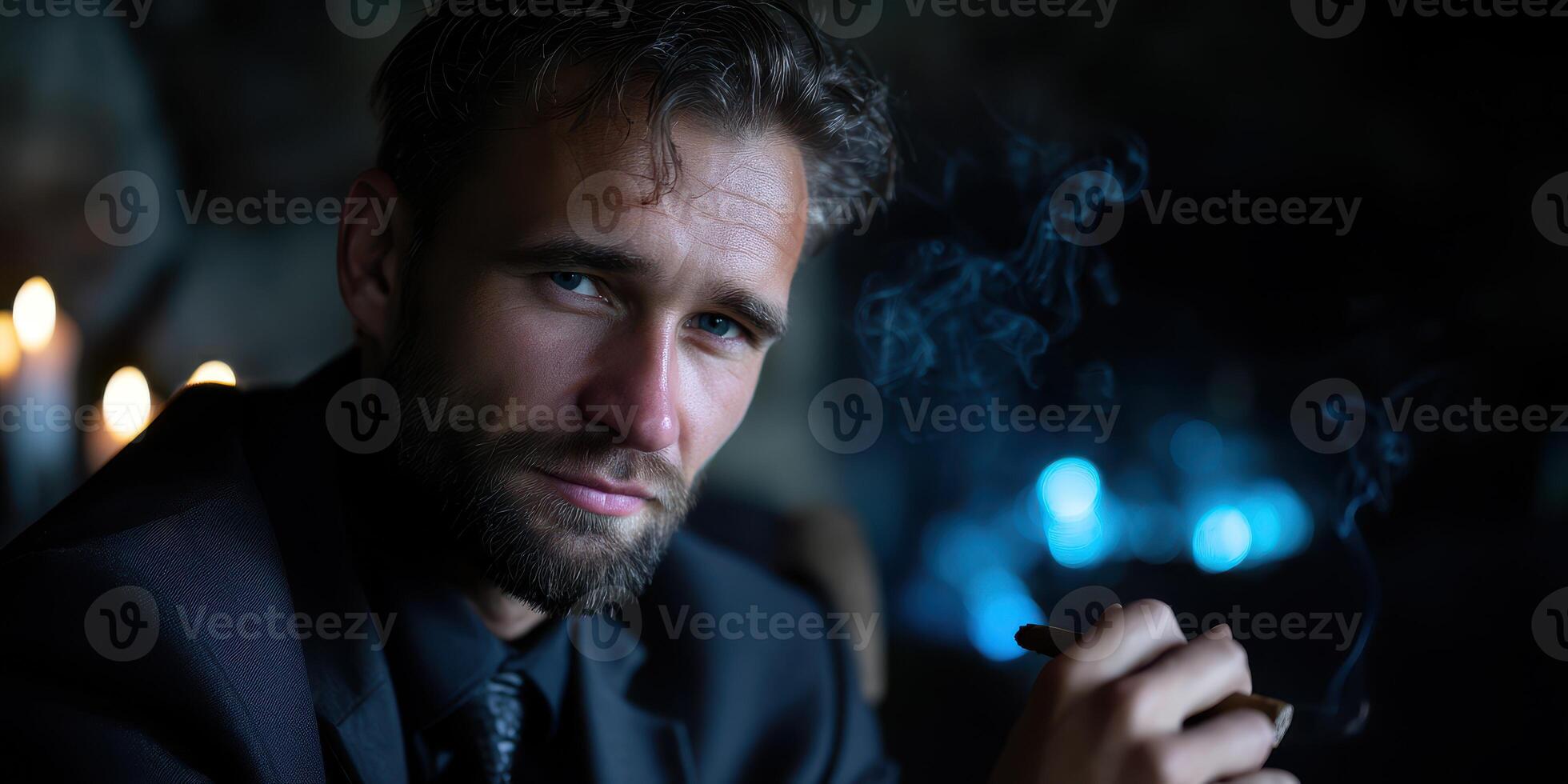 Portrait of a man in a dark setting with smoke, late evening ambiance, showcasing elegance and intrigue photo