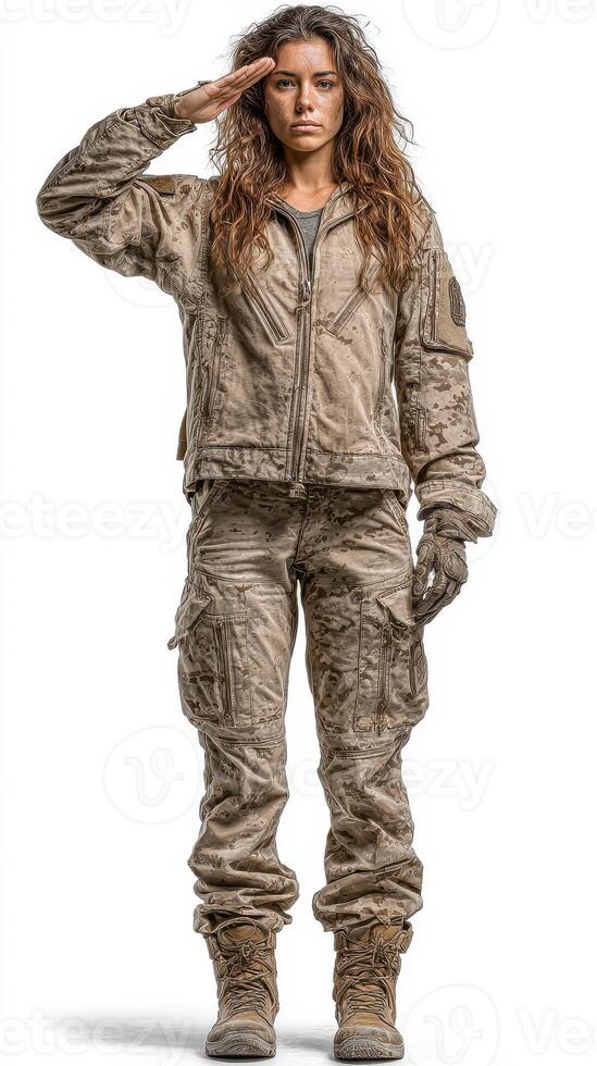 Female soldier in camouflage outfit performing a salute in a neutral pose with determination and pride photo