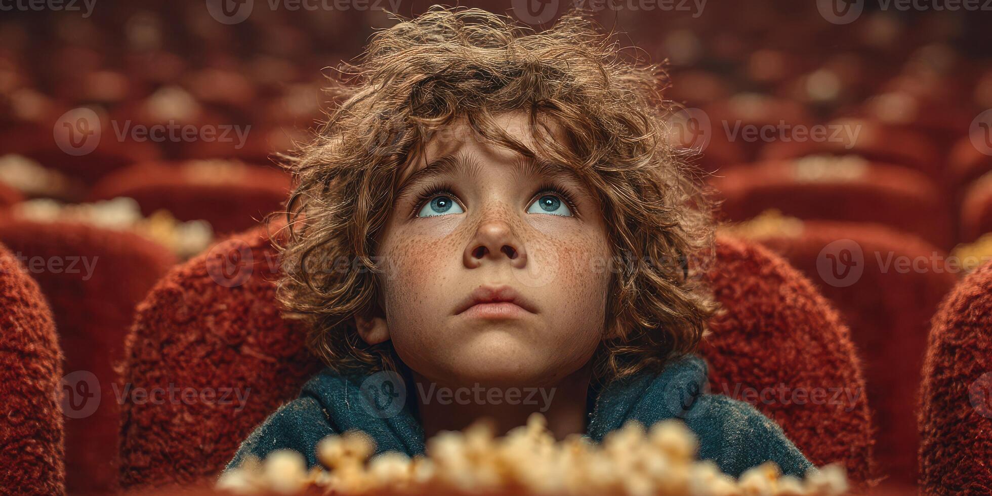 Young boy watches intently in a movie theater filled with cozy red seats while enjoying popcorn photo