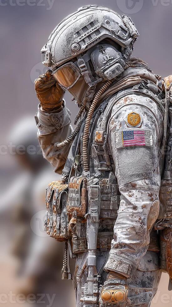 Soldier salutes while wearing advanced tactical gear during a desert operation on a clear day in the afternoon photo
