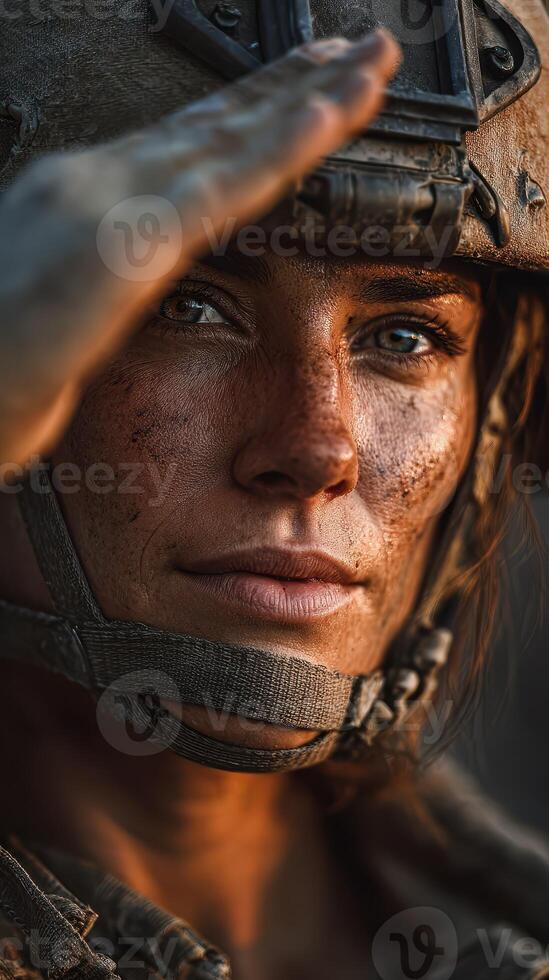Female soldier in combat gear saluting at sunset in a military environment displaying resilience and determination photo