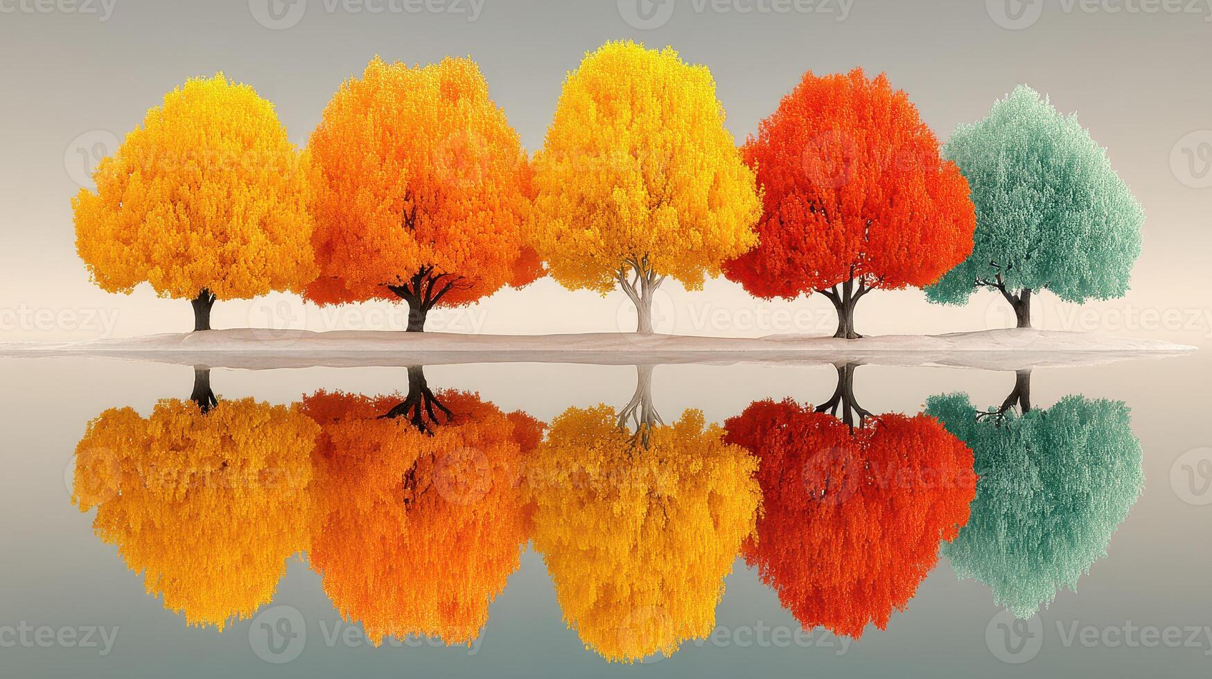 Vibrant autumn trees reflecting in calm water during sunset at a serene lakeside location photo
